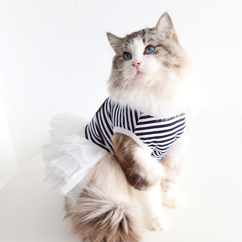 Pet Costume Dress Nautical Striped Top with Tulle Skirt for Dogs And Cats